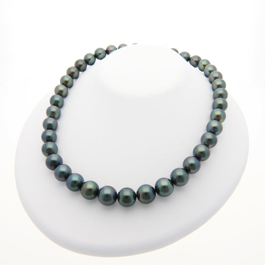 ブラックパールネックレス 無調色 黒蝶真珠 11.0-12.5mm|ピーコックグリーン 真珠層が非常に厚い 重厚な強い真珠光沢 中きず|053741