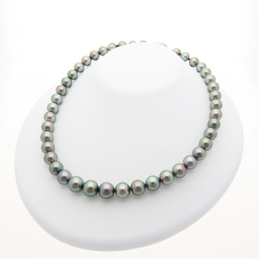 ブラックパールネックレス 無調色 黒蝶真珠 8.6-10.9mm|オーロララグーン テリ最強 まき1.6mm ラウンド系 きず微|S533841