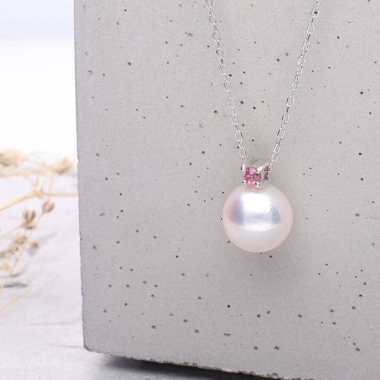 10月 誕生石 ピンクトルマリン|アコヤパール ペンダント ネックレス|無調色 アコヤ真珠 8.0mm ラウンド K10WG|チェーン付き