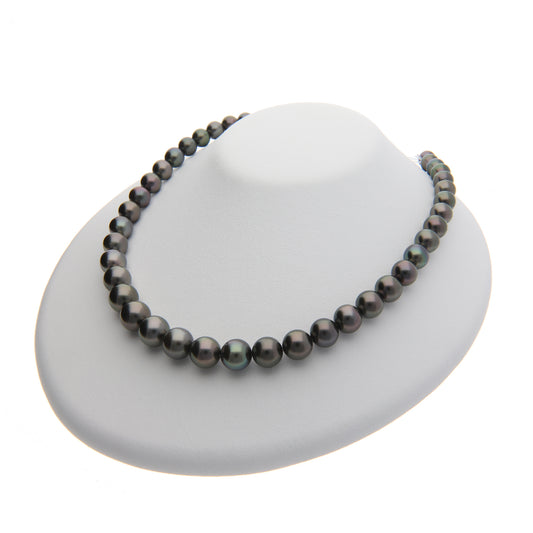 ブラックパールネックレス 無調色 黒蝶真珠 8.1-10.9mm|テリ強 まき1.2mm ラウンド-対称系 きず少|SK172280