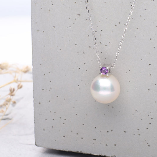 2月 誕生石 アメジスト|アコヤパール ペンダント ネックレス|無調色アコヤ真珠 8.0mm ラウンド K10WG|チェーン付き