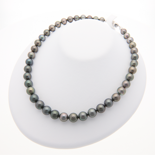 ブラックパールネックレス K14WG イヤリングセット 無調色 黒蝶真珠 8.4-11.0mm|オーロラピーコック テリ最強 まき0.8mm ラウンド系 きず少|SK037614