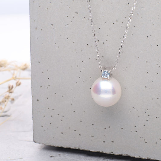 3月 誕生石 アクアマリン|アコヤパール ペンダント ネックレス|無調色アコヤ真珠 8.0mm ラウンド K10WG| チェーン付き