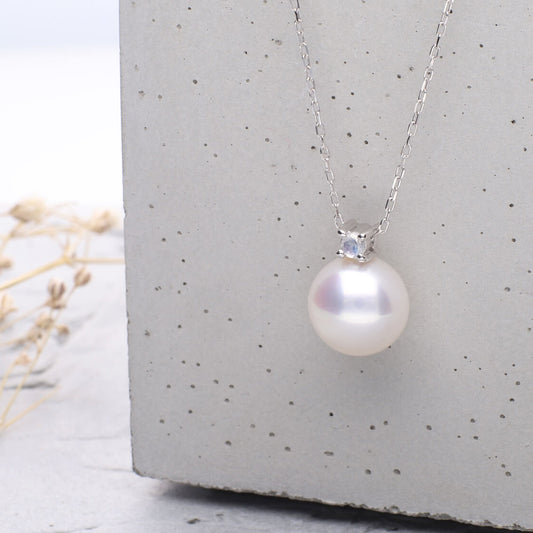 6月 誕生石 ムーンストーン|アコヤパール ペンダント ネックレス|無調色アコヤ真珠 8.0mm ラウンド K10WG|チェーン付き
