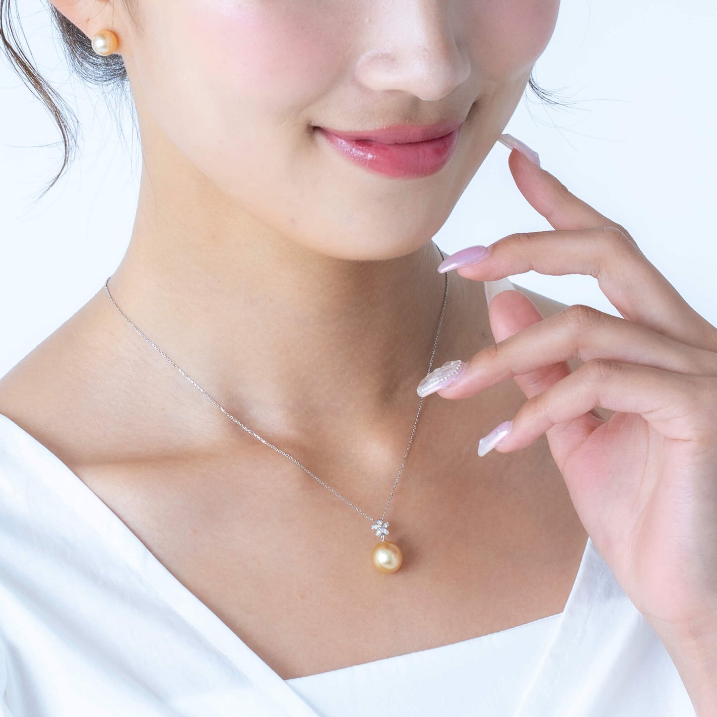 【星桜】ゴールデンパール ダイヤモンド イエローゴールド ペンダント|無調色 白蝶真珠 南洋真珠 10mm K18YG