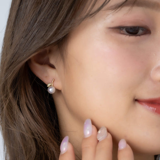 【姫果】アコヤパール ダイヤモンド イエローゴールド ピアス | 無調色 アコヤ真珠 7.0mm K18YG