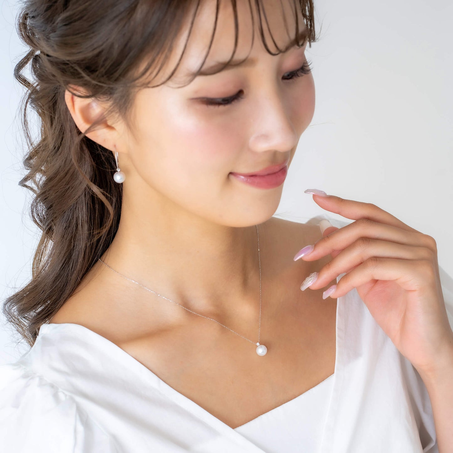 6月 誕生石 ムーンストーン|アコヤパール ペンダント ネックレス|無調色アコヤ真珠 8.0mm ラウンド K10WG|チェーン付き