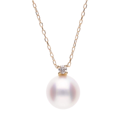 4月 誕生石 ダイヤモンド|アコヤパール イエローゴールド ペンダント ネックレス|無調色 アコヤ真珠 8.0mm ラウンド K10YG|チェーン付き