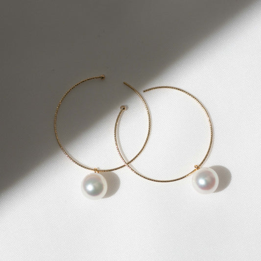 アコヤパール イエローゴールド フープピアス【M】|無調色 アコヤ真珠 7.5mm K10YG 外径30mm