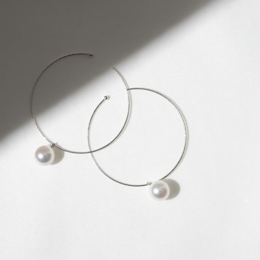 アコヤパール ホワイトゴールド フープピアス【L】|無調色 アコヤ真珠 7.5mm K10WG 外径40mm