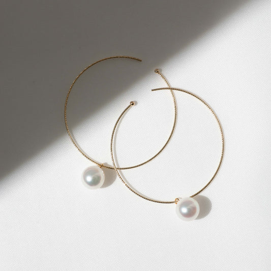 アコヤパール イエローゴールド フープピアス【L】|無調色 アコヤ真珠 7.5mm K10YG 外径40mm