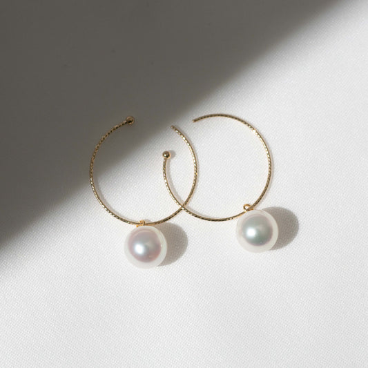 アコヤパール イエローゴールド フープピアス【S】 |無調色 アコヤ真珠 7.5mm K10YG 外径20mm