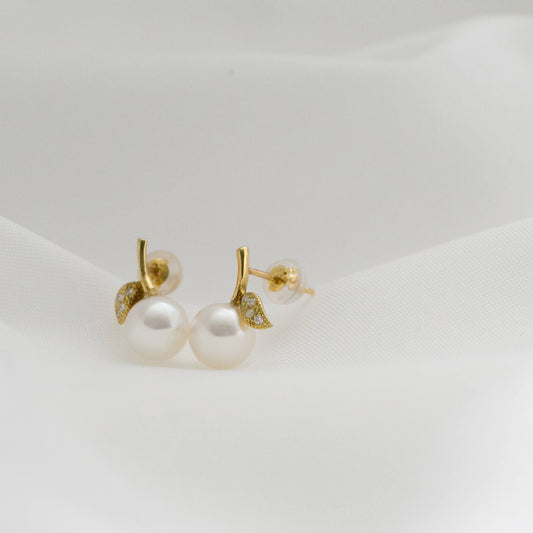 【姫果】アコヤパール ダイヤモンド イエローゴールド ピアス | 無調色 アコヤ真珠 7.0mm K18YG