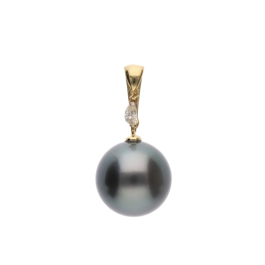 【月乃雫】ブラックパール ダイヤモンド イエローゴールド ペンダント|無調色 黒蝶真珠 タヒチパール 10mm K18YG