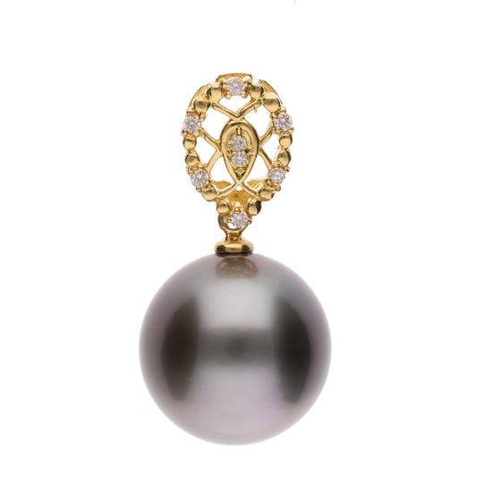 【光輪】ブラックパール ダイヤモンド イエローゴールド ペンダント|無調色 黒蝶真珠 タヒチパール 12.5mm ラウンド系 K18YG