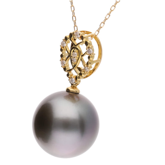 【光輪】ブラックパール ダイヤモンド イエローゴールド ペンダント|無調色 黒蝶真珠 タヒチパール 12.5mm ラウンド系 K18YG