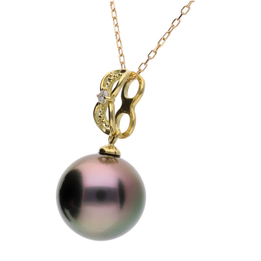 一点物【結月】ブラックパール ダイヤモンド イエローゴールド ペンダント|無調色 黒蝶真珠 タヒチパール 10mm K18YG (コピー)