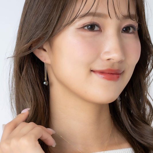 ブラックパール イエローゴールド アメリカンピアス|無調色 黒蝶真珠 タヒチパール 南洋真珠 8.0mm K10YG