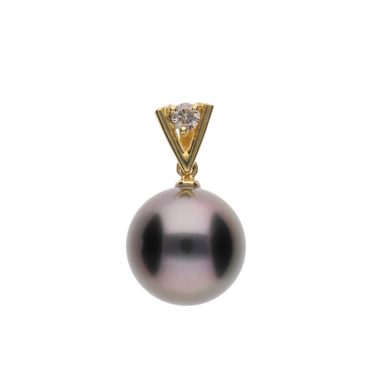【星影】ブラックパール ダイヤモンド イエローゴールド ペンダント|無調色 黒蝶真珠 タヒチパール 10mm K18YG