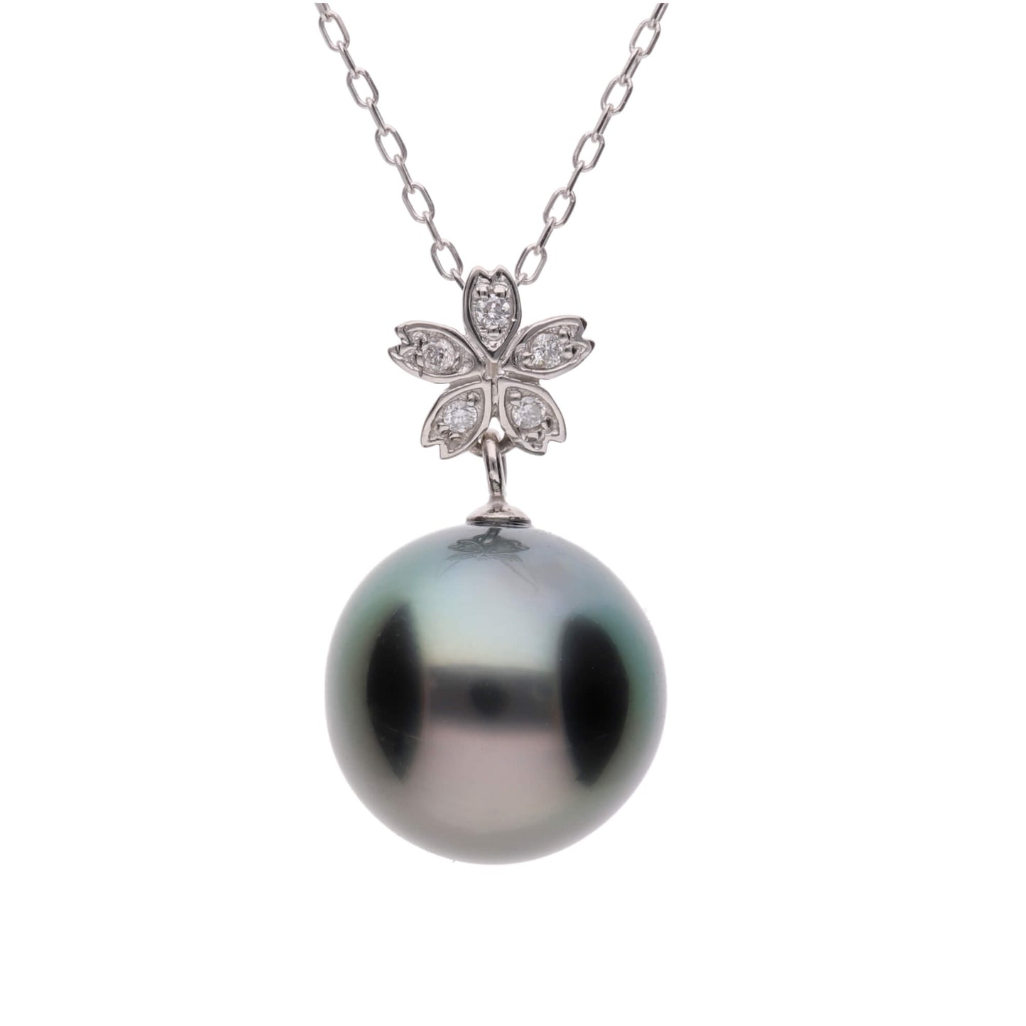 【星桜】ブラックパール ダイヤモンド プラチナ ペンダント|無調色 黒蝶真珠 タヒチパール 10mm PT900