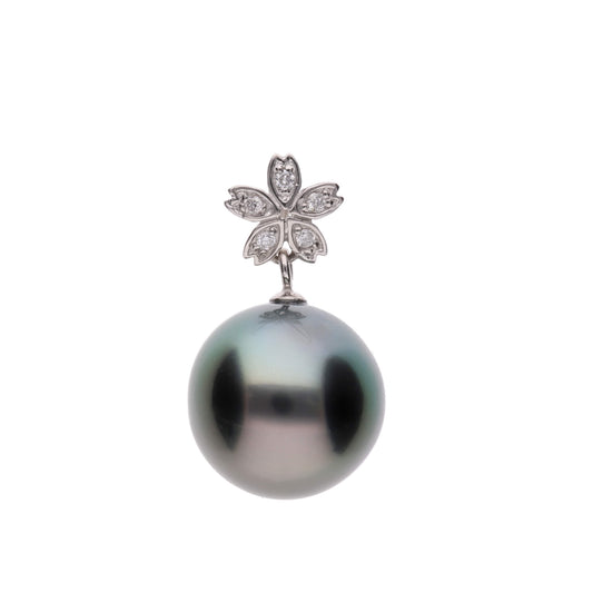 【星桜】ブラックパール ダイヤモンド プラチナ ペンダント|無調色 黒蝶真珠 タヒチパール 10mm PT900