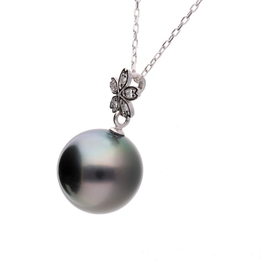【星桜】ブラックパール ダイヤモンド プラチナ ペンダント|無調色 黒蝶真珠 タヒチパール 10mm PT900
