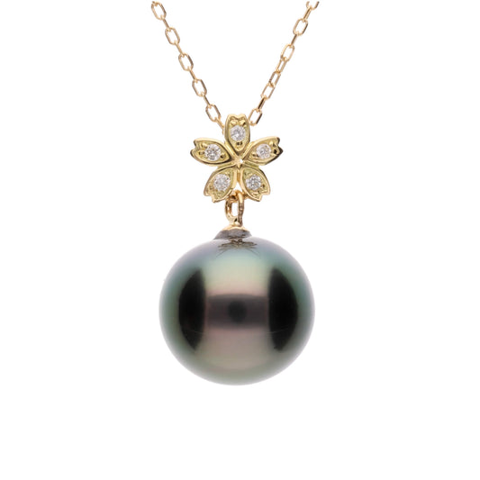 【星桜】黒蝶真珠(タヒチアンパール・10mm) 天然ダイヤ K18 ペンダントトップ