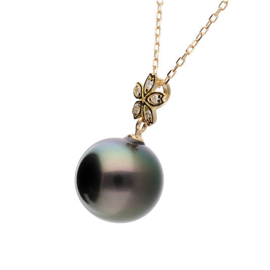 【星桜】ブラックパール ダイヤモンド イエローゴールド ペンダント|無調色 黒蝶真珠 タヒチパール 10mm K18YG