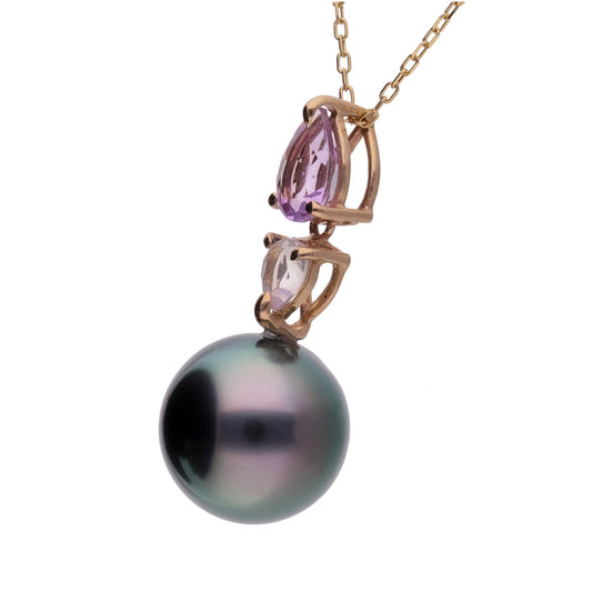 【桔梗】ブラックパール アメジスト ローズクォーツ ピンクゴールド ペンダント|無調色 黒蝶真珠 タヒチパール 10mm K18PG