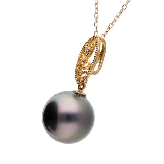 【澪標】ブラックパール ダイヤモンド イエローゴールド ペンダント|無調色 黒蝶真珠 タヒチパール 10mm K18YG