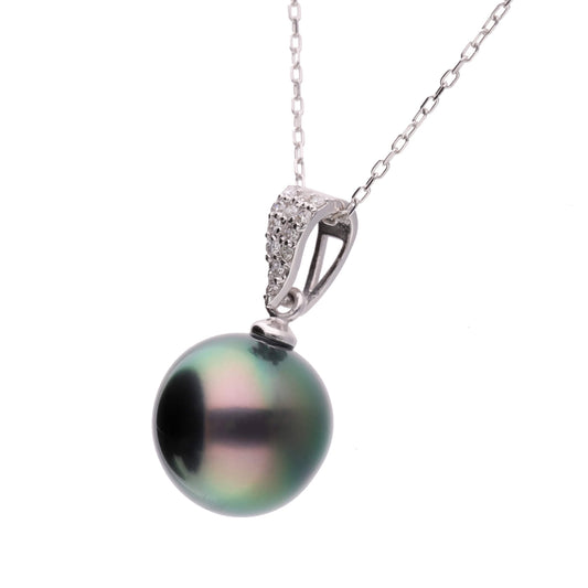 【星涼し】ブラックパール ダイヤモンド プラチナ ペンダント|無調色 黒蝶真珠 タヒチパール 10mm PT900