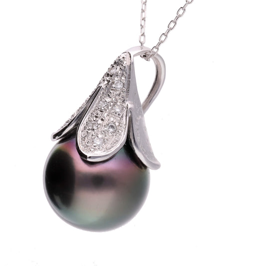 ブラックパール ダイヤモンド ホワイトゴールド ペンダント|無調色 黒蝶真珠 タヒチパール 12mm K14WG