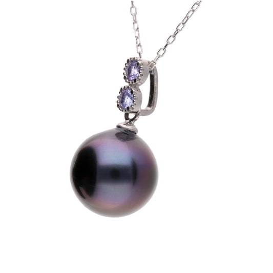 【水鞠】ブラックパール タンザナイト ホワイトゴールド ペンダント|無調色 黒蝶真珠 タヒチパール 10mm K18WG
