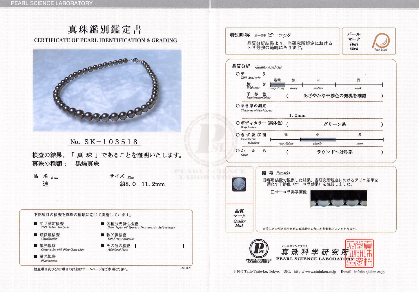 クロチョウパール ネックレス 8.0-11.2mm|無調色 黒蝶真珠|オーロラピーコック テリ最強 まき1.0mm ラウンド系 きず少