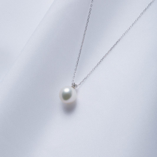 4月 誕生石 ダイヤモンド|アコヤパール ホワイトゴールド ペンダント ネックレス|無調色 アコヤ真珠 8.0mm ラウンド K10WG|チェーン付き