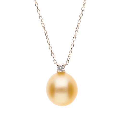 ゴールデンパール ダイヤモンド イエローゴールド ペンダント ネックレス|無調色 白蝶真珠 南洋真珠 8.0mm オーバル K10YG|チェーン付き