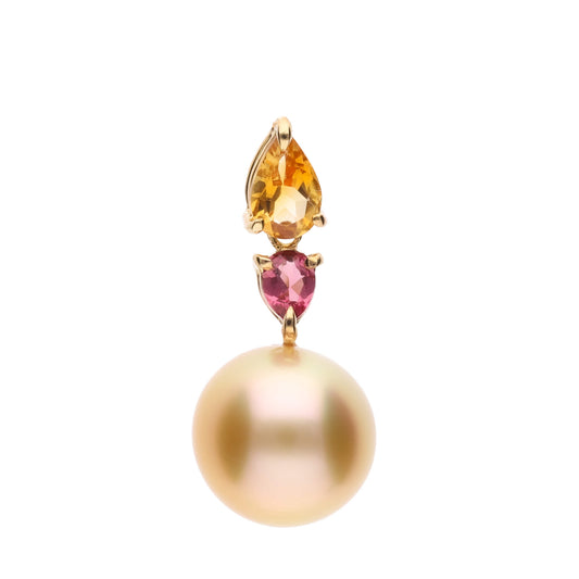 【水仙】ゴールデンパール シトリン ピンクトルマリン イエローゴールド ペンダント|無調色 白蝶真珠 南洋真珠 10mm K18YG