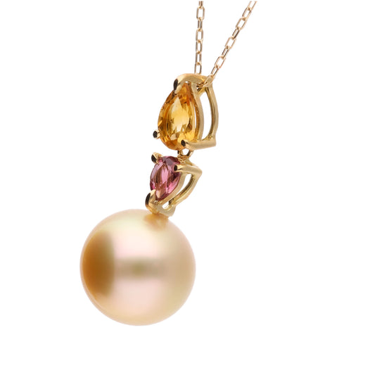 【水仙】ゴールデンパール シトリン ピンクトルマリン イエローゴールド ペンダント|無調色 白蝶真珠 南洋真珠 10mm K18YG