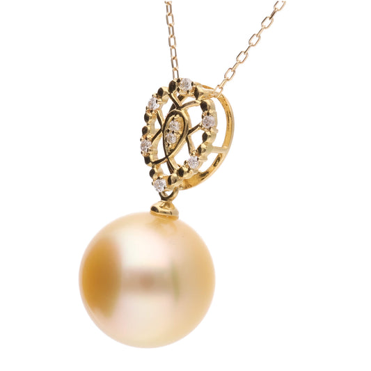 【光輪】ゴールデンパール ダイヤモンド イエローゴールド  ペンダント|無調色 白蝶真珠 南洋真珠 12mm ラウンド系 K18YG