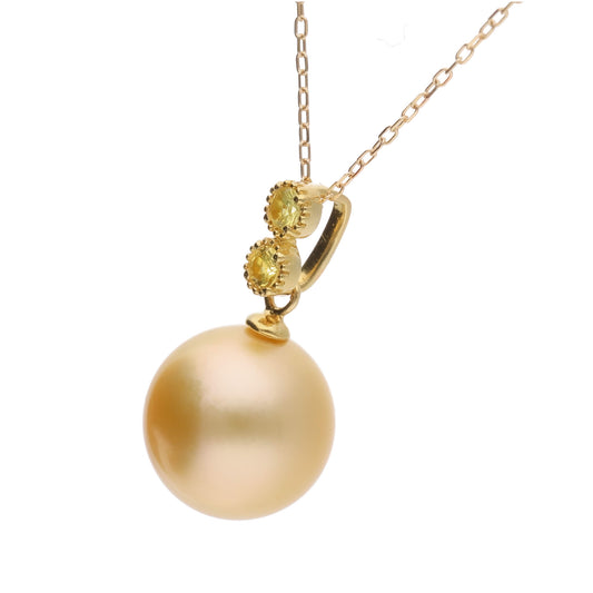 【鞠】ゴールデンパール サファイア イエローゴールド ペンダント|無調色 白蝶真珠 南洋真珠 10mm K18YG