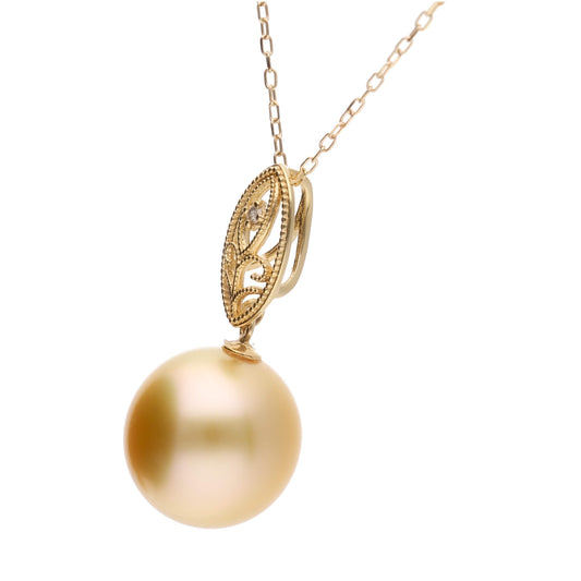 【澪標】ゴールデンパール ダイヤモンド イエローゴールド ペンダント|無調色 白蝶真珠 南洋真珠 10mm K18YG