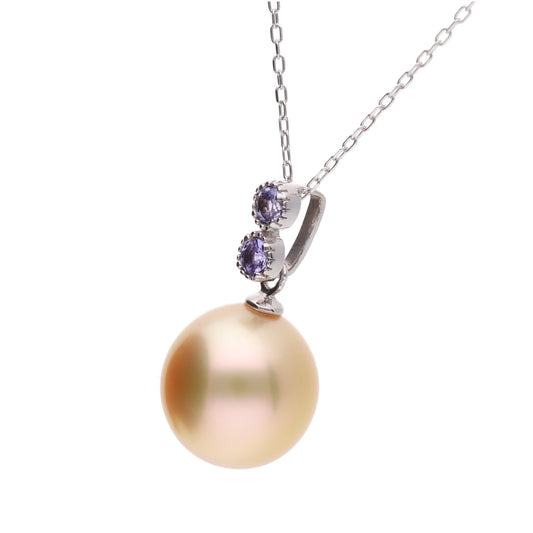 【水鞠】ゴールデンパール タンザナイト ホワイトゴールド ペンダント|無調色 白蝶真珠 南洋真珠 10mm K18WG