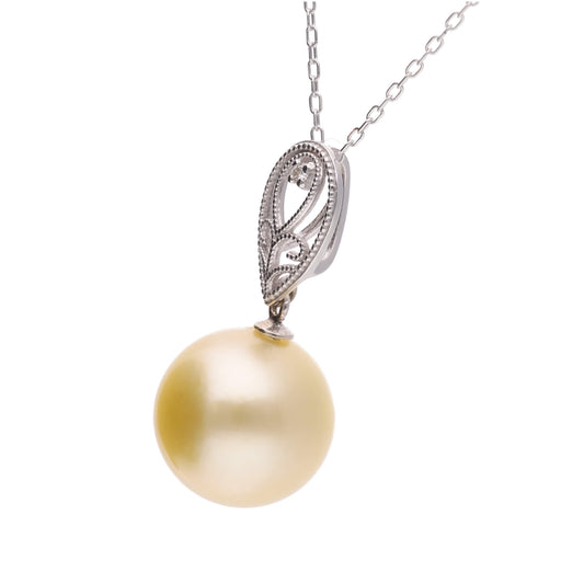 【鈴蘭】ゴールデンパール ダイヤモンド ホワイトゴールド ペンダント|無調色 白蝶真珠 南洋真珠 10mm K18WG