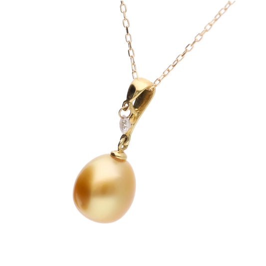 【月乃雫】ゴールデンパール ダイヤモンド イエローゴールド ペンダント |無調色 白蝶真珠 南洋真珠 7.5-8.5mm K18YG