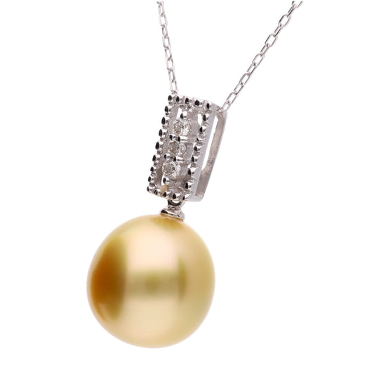 【月冴ゆ】ゴールデンパール ダイヤモンド ホワイトゴールド ペンダント|無調色 白蝶真珠 南洋真珠 10mm K18WG