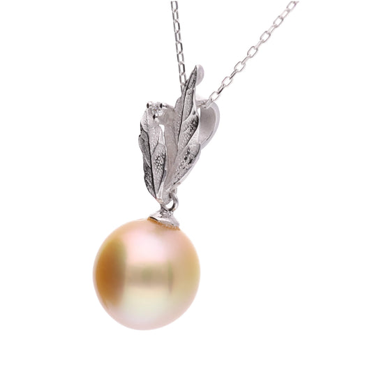 【宿り木】ゴールデンパール ダイヤモンド ホワイトゴールド ペンダント|無調色 白蝶真珠 南洋真珠 10mm K18WG