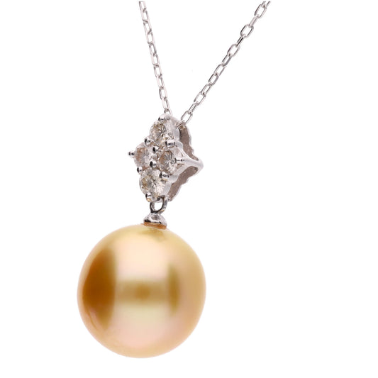 【星彩】ゴールデンパール ダイヤモンド ホワイトゴールド ペンダント|無調色 白蝶真珠 南洋真珠 10mm K18WG