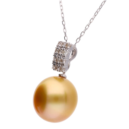 【月影】ゴールデンパール ダイヤモンド プラチナ ペンダント|無調色 白蝶真珠 南洋真珠 10mm PT900