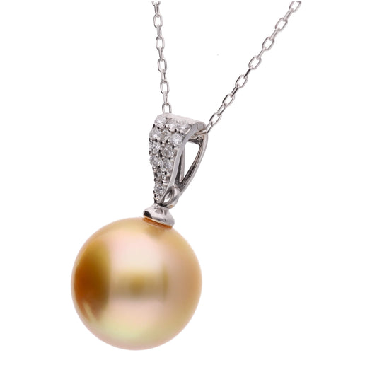 【星涼し】ゴールデンパール ダイヤモンド プラチナ ペンダント|無調色 白蝶真珠 南洋真珠 10mm PT900