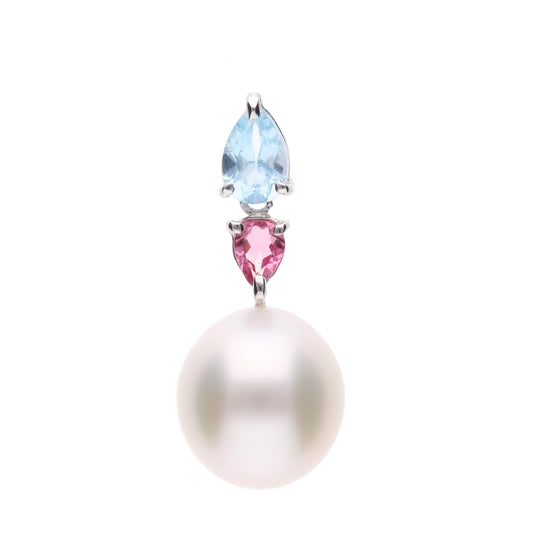 【紫陽花】シロチョウパール ブルートパーズ ピンクトルマリン ホワイトゴールド ペンダント|無調色 白蝶真珠 南洋真珠 10mm K18WG